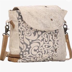 Myra Bag Neutral Patterned Crossbody with Haircalf Flap